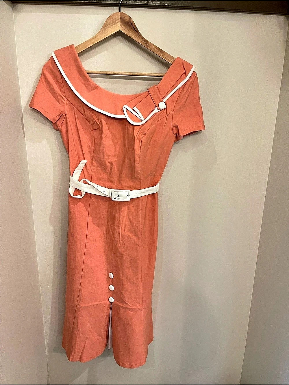 Voodoo Vixen Collared Midi Dress in Orange & White Size Small NWT retro